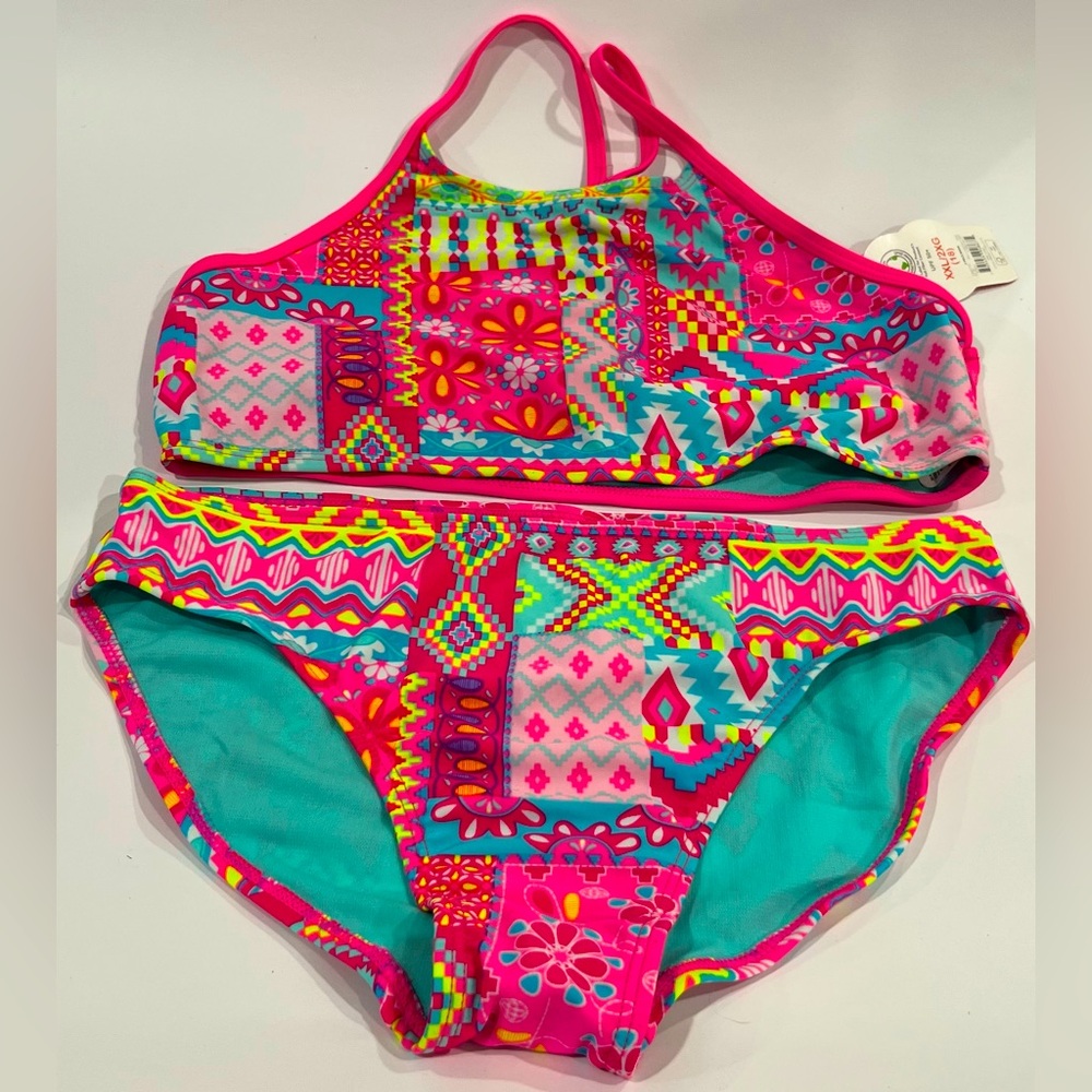Girls XXL (18) 2-Piece Bathing Suit. Pink/Multi Colored. Tribal Print.